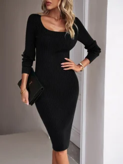Women's Sweater Dress Jumper Dress Casual Dress Midi Dress Fashion Pure Color Outdoor Daily Vacation Going Out Crew Neck Long Sleeve Patchwork 2023 Slim Black Blue Green S M L XL -Party Prom Dresses Sales Store yubyhz1694426975527