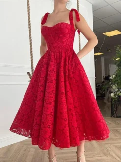 Women's Party Dress Lace Dress Cocktail Dress Midi Dress Red Sleeveless Pure Color Lace Spring Fall Winter Spaghetti Strap Fashion Winter Dress Wedding Guest Vacation 2023 S M L XL