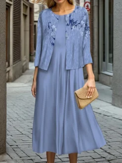 Women's Two Piece Dress Set Casual Dress Swing Dress Outdoor Office Fashion Streetwear Print Midi Dress Crew Neck 3/4 Length Sleeve Floral Regular Fit Blue Purple Green Fall Winter S M L XL XXL -Party Prom Dresses Sales Store yunzko1697524427282