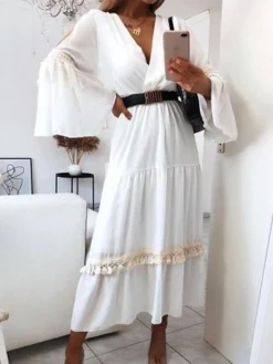Women's Party Dress Cocktail Dress Wedding Guest Dress Midi Dress White Long Sleeve Pure Color Tassel Fringe Fall Winter Autumn V Neck Fashion Birthday Wedding Guest Vacation 2023 S M L XL