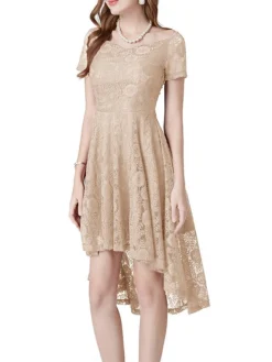 Women‘s Christmas Party Dress Lace Dress Cocktail Dress Midi Dress Black Pink Wine Short Sleeve Pure Color Lace Spring Fall Winter Square Neck Fashion Winter Dress Wedding Guest Vacation 2023 -Party Prom Dresses Sales Store yuphep1692180490775