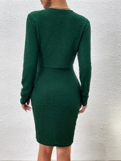 Women's Two Piece Dress Set Casual Dress Sheath Dress Daily Going Out Fashion Streetwear Button Midi Dress Crew Neck Long Sleeve Plain Regular Fit Black Purple Green Fall Winter S M L XL -Party Prom Dresses Sales Store yutnty1693805488186