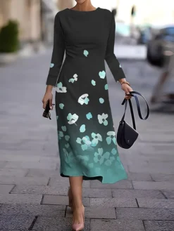 Women's Work Dress Casual Dress Semi Formal Dress Fashion Winter Dress Daily Midi Dress Print Crew Neck Long Sleeve Floral Slim Dark Brown Black White Fall Winter S M L XL XXL -Party Prom Dresses Sales Store yutvkx1694573989305