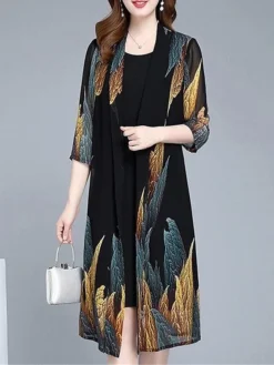 Women's Two Piece Dress Set Casual Dress Print Dress Daily Going Out Streetwear Elegant Print Midi Dress Crew Neck 3/4 Length Sleeve Graphic Regular Fit Black Spring Fall M L XL XXL 3XL -Party Prom Dresses Sales Store yvprfi1695636184010