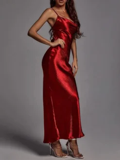 Women‘s Christmas Prom Dress Party Dress Satin Dress Long Dress Maxi Dress Red Gold Sleeveless Pure Color Backless Spring Fall Winter Spaghetti Strap Fashion Birthday Evening Party Wedding Guest -Party Prom Dresses Sales Store ywfqul1692173958398