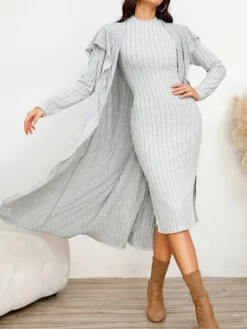 Women's Two Piece Dress Set Casual Dress Sheath Dress Home Daily Fashion Streetwear Split Midi Dress Stand Collar Long Sleeve Plain Slim Black Army Green Gray Fall Winter S M L XL XXL