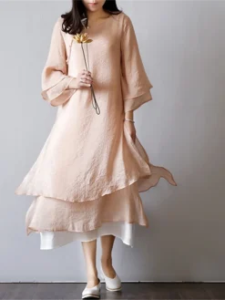Women's Casual Dress Cotton Linen Dress Swing Dress Midi Dress Cotton Blend Basic Casual Outdoor Daily Vacation Crew Neck Button Layered Long Sleeve Summer Spring Fall 2023 Loose Fit Light Pink White -Party Prom Dresses Sales Store ywpjev1680163684008