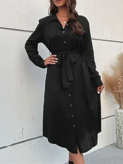 Women's Work Dress Casual Dress Black Dress Fashion Office Daily Workfashion Midi Dress Lace Up Button Shirt Collar Long Sleeve Plain Loose Fit Black Fall Winter S M L XL -Party Prom Dresses Sales Store ywrwdw1695105092382