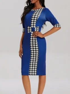 Women's Work Dress Sheath Dress Black Dress Fashion Office Daily Midi Dress Patchwork Print Crew Neck Half Sleeve Houndstooth Regular Fit Black Red Blue Fall Winter S M L XL XXL -Party Prom Dresses Sales Store ywythk1694574593950