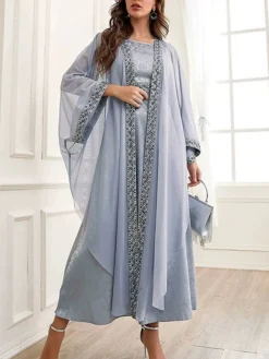 Women's Two Piece Dress Set Party Dress Sheath Dress Party Wedding Guest Fashion Party Embroidered Long Dress Maxi Dress Crew Neck Long Sleeve Print Regular Fit Gray Fall Winter S M L XL -Party Prom Dresses Sales Store yxasuz1695105969729