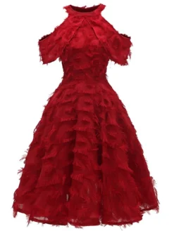 Women's Party Dress Fringe Dress Lace Dress Midi Dress White Wine Short Sleeve Pure Color Tassel Fringe Spring Fall Winter Strapless Fashion Winter Dress Wedding Guest Vacation 2023 S M L XL XXL