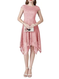 Women's Party Dress Lace Dress Cocktail Dress Midi Dress Black Pink Wine Short Sleeve Pure Color Lace Spring Fall Winter V Neck Fashion Winter Dress Wedding Guest Vacation 2023 S M L XL XXL -Party Prom Dresses Sales Store yxnjyc1692180411241