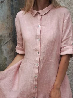 Women's Shirt Dress Casual Dress Cotton Dress Midi Dress Cotton Classic Casual Outdoor Daily Vacation Shirt Collar Ruched Button Long Sleeve Fall Winter Autumn 2023 Regular Fit Pink Red Navy Blue -Party Prom Dresses Sales Store yxssry1693823265459