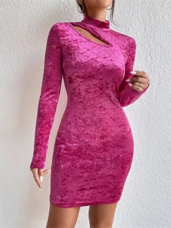 Women's Party Dress Velvet Dress Homecoming Dress Mini Dress Rose Long Sleeve Pure Color Cut Out Spring Fall Winter High Neck Fashion Winter Dress Wedding Guest Vacation 2023 S M L XL -Party Prom Dresses Sales Store yycdsq1692860978296
