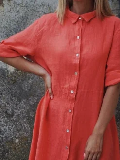 Women's Shirt Dress Casual Dress Cotton Dress Midi Dress Cotton Classic Casual Outdoor Daily Vacation Shirt Collar Ruched Button Long Sleeve Fall Winter Autumn 2023 Regular Fit Pink Red Navy Blue -Party Prom Dresses Sales Store yygnyg1693823273399