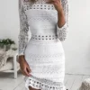 Women‘s Wedding Guest Dress Homecoming Dress Lace Dress Party Dress Sheath Dress Mini Dress White Long Sleeve Pure Color Lace Winter Fall High Neck Fashion Winter Dress Weekend 2023
