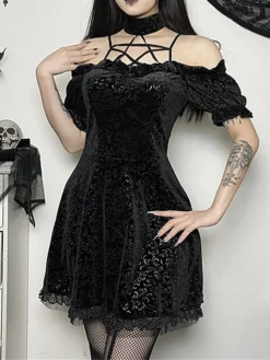 Women's Party Dress Velvet Dress Cocktail Dress Mini Dress Black Short Sleeve Pure Color Lace Spring Fall Winter Halter Neck Fashion Halloween Birthday Wedding Guest 2023 S M L -Party Prom Dresses Sales Store yymczb1693983154502