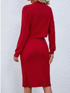 Women's Two Piece Dress Set Casual Dress Skirt Set Outdoor Daily Active Fashion Ribbed Midi Dress Turtleneck Long Sleeve Plain Loose Fit Black Wine Gray Fall Winter S M L XL XXL -Party Prom Dresses Sales Store yyttqf1693294052043