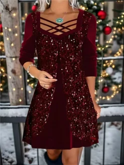 Women's Velvet Dress Party Dress Sequin Dress Midi Dress Burgundy Long Sleeve Pure Color Sequins Spring Fall Winter Square Neck Fashion Winter Dress Christmas Wedding Guest 2023 S M L XL XXL 3XL