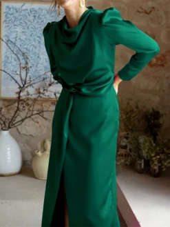 Women's Work Dress Satin Dress Semi Formal Dress Fashion Long Dress Maxi Dress Split Stand Collar Long Sleeve Plain Regular Fit Black Blue Sky Blue Fall Winter S M L XL -Party Prom Dresses Sales Store yywimu1692761651602