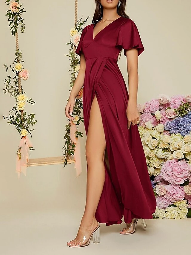 Women's Party Dress Satin Dress Wedding Guest Dress Long Dress Maxi Dress Red Short Sleeve Pure Color Ruched Summer Spring V Neck Party Evening Party Wedding Guest Vacation 2023 S M L XL 2XL 4 Women's Party Dress Satin Dress Wedding Guest Dress Long Dress Maxi Dress Red Short Sleeve Pure Color Ruched Summer Spring V Neck Party Evening Party Wedding Guest Vacation 2023 S M L XL 2XL - Image 4