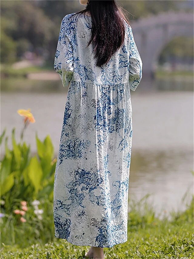 Women's Casual Dress Cotton Linen Dress Swing Dress Midi Dress Linen / Cotton Blend Sweet Style Modern Outdoor Daily Holiday Crew Neck Print 3/4 Length Sleeve Fall Winter Autumn 2023 Loose Fit Light 3 Women's Casual Dress Cotton Linen Dress Swing Dress Midi Dress Linen / Cotton Blend Sweet Style Modern Outdoor Daily Holiday Crew Neck Print 3/4 Length Sleeve Fall Winter Autumn 2023 Loose Fit Light - Image 3