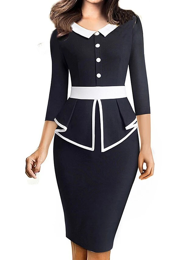 Women's Blazer Dress A Line Dress Church Dress Midi Dress Black White 3/4 Length Sleeve Striped Ruched Fall Winter Autumn Shirt Collar Work Slim 2023 S M L XL XXL 3 Women's Blazer Dress A Line Dress Church Dress Midi Dress Black White 3/4 Length Sleeve Striped Ruched Fall Winter Autumn Shirt Collar Work Slim 2023 S M L XL XXL - Image 3