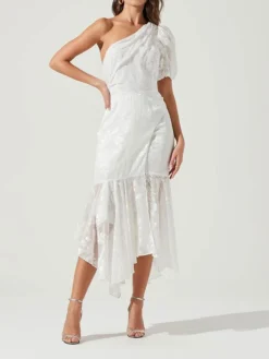 Women's Party Dress Lace Dress Wedding Guest Dress Midi Dress White Short Sleeve Pure Color Lace Spring Fall Winter One Shoulder Fashion Winter Dress Wedding Guest Evening Party 2023 S M L XL -Party Prom Dresses Sales Store yzvjlt1697612529676