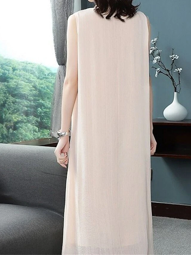 Women's Two Piece Dress Set Casual Dress Chiffon Dress Daily Holiday Fashion Streetwear Layered Midi Dress Stand Collar 3/4 Length Sleeve Plain Regular Fit White Beige Fall Winter M L XL XXL 3XL 4 Women's Two Piece Dress Set Casual Dress Chiffon Dress Daily Holiday Fashion Streetwear Layered Midi Dress Stand Collar 3/4 Length Sleeve Plain Regular Fit White Beige Fall Winter M L XL XXL 3XL - Image 4