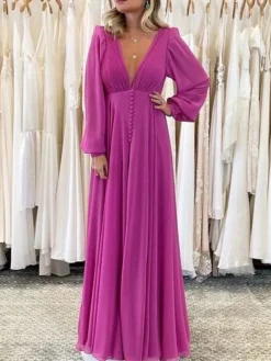 Women's Prom Dress Party Dress Wedding Guest Dress Long Dress Maxi Dress Yellow Purple Long Sleeve Pure Color Ruched Spring Fall Winter V Neck Fashion Winter Dress Evening Party Wedding Guest 2023 S