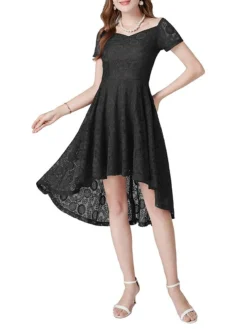 Women‘s Christmas Party Dress Lace Dress Cocktail Dress Midi Dress Black Pink Wine Short Sleeve Pure Color Lace Spring Fall Winter Square Neck Fashion Winter Dress Wedding Guest Vacation 2023 -Party Prom Dresses Sales Store zazwtc1692180489254