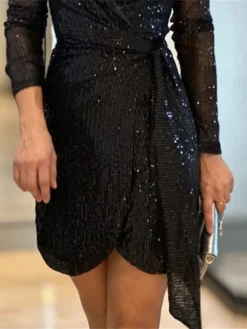 Women‘s Prom Dress Party Dress Sequin Dress Homecoming Dress Black Dress Mini Dress Long Sleeve Pure Color Lace Up Summer Spring Fall V Neck Fashion Office Evening Party Summer Dress 2023 -Party Prom Dresses Sales Store zbgmkf1678347150739