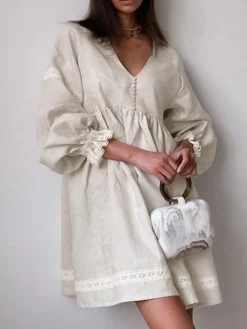 Women's Casual Dress Cotton Linen Dress Swing Dress Mini Dress Linen / Cotton Blend Fashion Modern Outdoor Daily Vacation V Neck Lace Ruched Long Sleeve Fall Winter Autumn 2023 Loose Fit Blue Brown