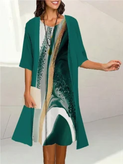 Women's Two Piece Dress Set Casual Dress Print Dress Outdoor Daily Fashion Elegant Print Midi Dress Crew Neck 3/4 Length Sleeve Ombre Marble Print Loose Fit Black Light Green Pink Summer Spring S M L