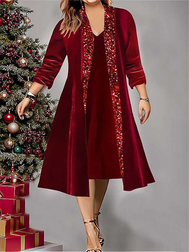 Women's Plus Size Two Piece Dress Set Velvet Dress Party Dress Party Christmas Fashion Elegant Patchwork Sequin Midi Dress V Neck 3/4 Length Sleeve Plain Regular Fit Wine Fall Winter L XL XXL 3XL 4XL 1 Women's Plus Size Two Piece Dress Set Velvet Dress Party Dress Party Christmas Fashion Elegant Patchwork Sequin Midi Dress V Neck 3/4 Length Sleeve Plain Regular Fit Wine Fall Winter L XL XXL 3XL 4XL