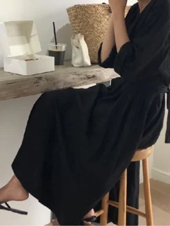 Women's Cotton Linen Dress Loose White Dress Maxi Long Dress Linen Cotton Blend Casual V Neck Puff Sleeve Tie Belt Half Sleeve Summer Spring 2022 Regular Fit Black White Pure Color S M L XL -Party Prom Dresses Sales Store zdjvcf1624953454856