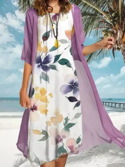 Women's Two Piece Dress Set Casual Dress Print Dress Outdoor Daily Fashion Elegant Print Midi Dress Crew Neck 3/4 Length Sleeve Floral Loose Fit Royal Blue Blue Dark Green Summer Spring S M L XL XXL