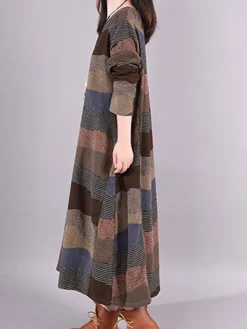 Women's Casual Dress Cotton Linen Dress Loose Dress Midi Dress Cotton Basic Classic Outdoor Daily Vacation Crew Neck Print Long Sleeve Spring Fall Winter 2023 Loose Fit Wine Brown Striped M L XL 2XL -Party Prom Dresses Sales Store zdowvp1692778410245