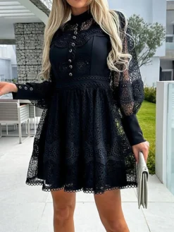 Women's Party Dress Lace Dress Homecoming Dress Mini Dress Black White Long Sleeve Pure Color Lace Summer Spring Fall Stand Collar Fashion Wedding Guest Birthday Vacation Slim 2023 S M L XL -Party Prom Dresses Sales Store zdwlmz1681263749612