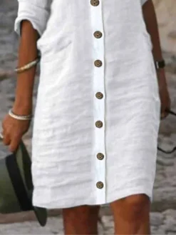 Women's Shirt Dress Casual Dress Cotton Linen Dress Midi Dress Cotton Blend Fashion Basic Outdoor Daily Shirt Collar Button Half Sleeve Summer Spring Fall 2023 Regular Fit Black White Green Plain S M -Party Prom Dresses Sales Store zejjyu1681376450746