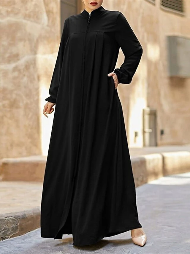 Women's Work Dress Swing Dress Black Dress Classic Long Dress Maxi Dress Zipper Pocket Stand Collar Long Sleeve Plain Loose Fit Black Brown Green Fall Winter S M L XL XXL 2 Women's Work Dress Swing Dress Black Dress Classic Long Dress Maxi Dress Zipper Pocket Stand Collar Long Sleeve Plain Loose Fit Black Brown Green Fall Winter S M L XL XXL - Image 2