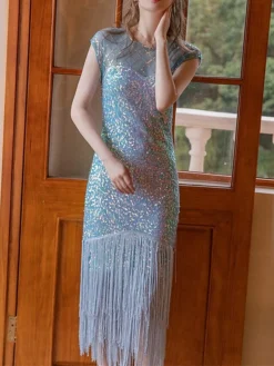 Women‘s Party Dress Fringe Dress Sequin Dress Black Dress Midi Dress White Champagne Short Sleeve Pure Color Sparkly Glitter Sequins Spring Fall Winter Crew Neck Fashion Wedding Guest Birthday -Party Prom Dresses Sales Store zeytsx1692178320815
