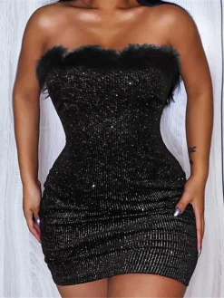 Women‘s Party Dress Sequin Dress Feather Dress Homecoming Dress Black Dress Mini Dress Sleeveless Pure Color Sparkly Glitter Sequins Summer Spring Fall Strapless Fashion Wedding Guest Vacation -Party Prom Dresses Sales Store zfegja1690275795656