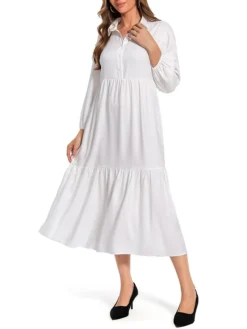 Women's Work Dress Satin Dress Swing Dress Fashion Midi Dress Ruffle Button Shirt Collar Long Sleeve Plain Loose Fit White Fall Winter S M L XL XXL -Party Prom Dresses Sales Store zflrlk1693466154286