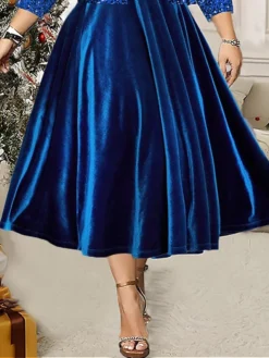 Women's Plus Size Two Piece Dress Set Velvet Dress Party Dress Party Wedding Guest Fashion Elegant Sequin Long Dress Maxi Dress V Neck 3/4 Length Sleeve Plain Regular Fit Blue Fall Winter L XL XXL -Party Prom Dresses Sales Store zfwcmp1697523432916