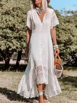 Women's Party Dress Swing Dress Midi Dress White Short Sleeve Pure Color Lace Summer Spring V Neck Elegant Outdoor Weekend 2023 S M L XL -Party Prom Dresses Sales Store zgcnpp1654497318321