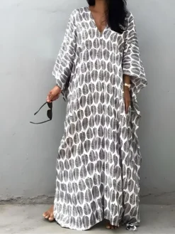 Women's Casual Dress Cotton Linen Dress A Line Dress Maxi Long Dress Polyester Fashion Casual Outdoor Daily Vacation V Neck Print 3/4 Length Sleeve Spring Fall Winter 2023 Loose Fit White Leaf