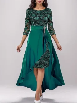 Women's Prom Dress Party Dress Lace Dress Long Dress Maxi Dress Green 3/4 Length Sleeve Pure Color Lace Spring Fall Winter V Neck Fashion Wedding Guest Evening Party Vacation 2023 S M L XL XXL 3XL