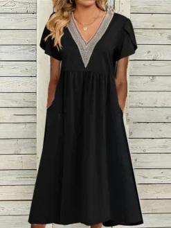 Women's Casual Dress Cotton Dress Swing Dress Midi Dress Cotton Blend Fashion Basic Outdoor Daily Vacation V Neck Ruched Patchwork Short Sleeve Summer Spring 2023 Loose Fit Black White Wine Color 6 Women's Casual Dress Cotton Dress Swing Dress Midi Dress Cotton Blend Fashion Basic Outdoor Daily Vacation V Neck Ruched Patchwork Short Sleeve Summer Spring 2023 Loose Fit Black White Wine Color -Party Prom Dresses Sales Store zgttdb1682564553014