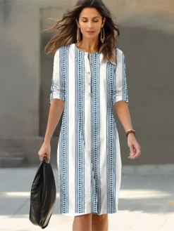 Women's Casual Dress Cotton Linen Dress Shift Dress Midi Dress Polyester Fashion Casual Daily Outdoor Daily Vacation Crew Neck Button Print 3/4 Length Sleeve Summer Spring Fall 2023 Loose Fit White